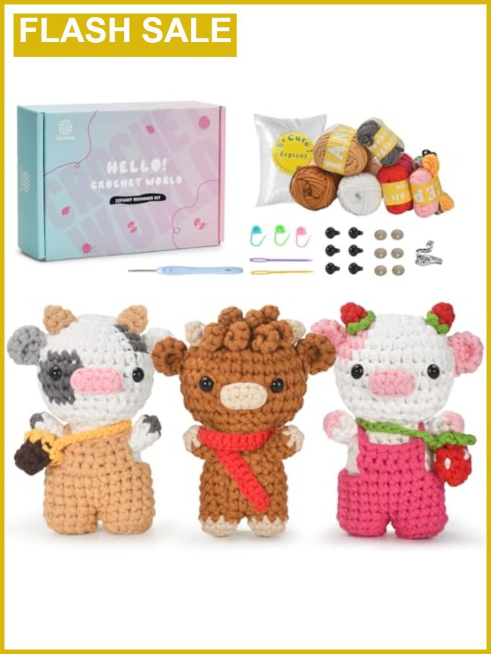 Crochet Kit for Beginners 3 Amigurumi Cow Starter Set Step-by-Step Video